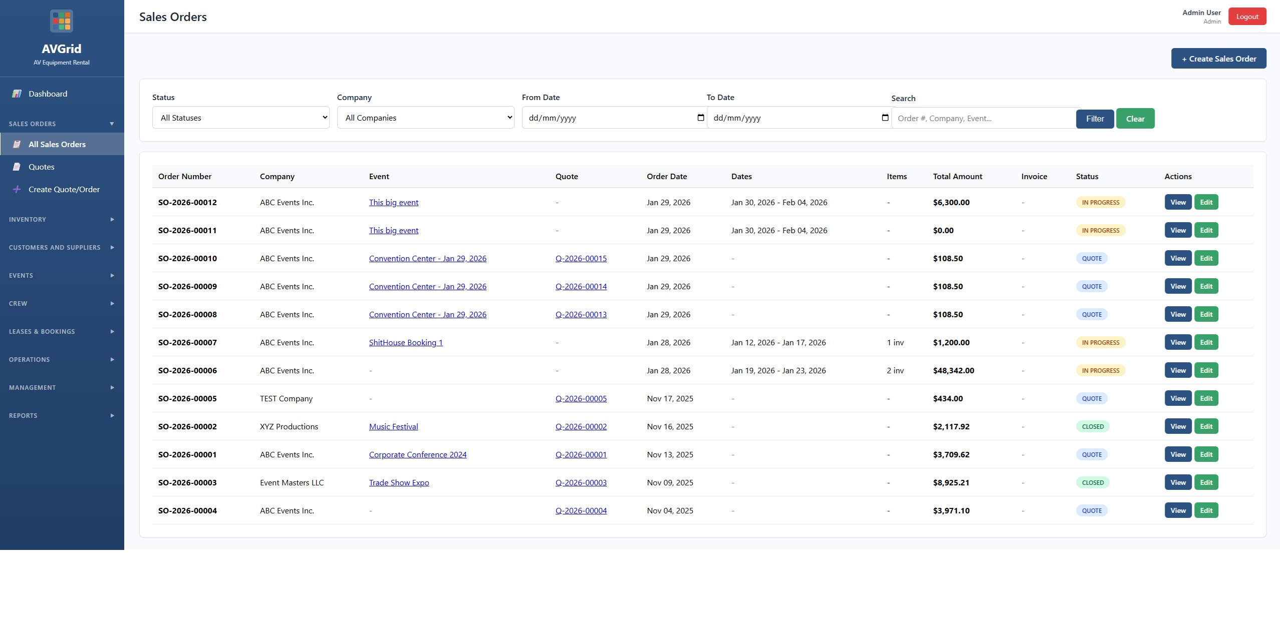 AVGrid sales orders – quote and invoice software for events