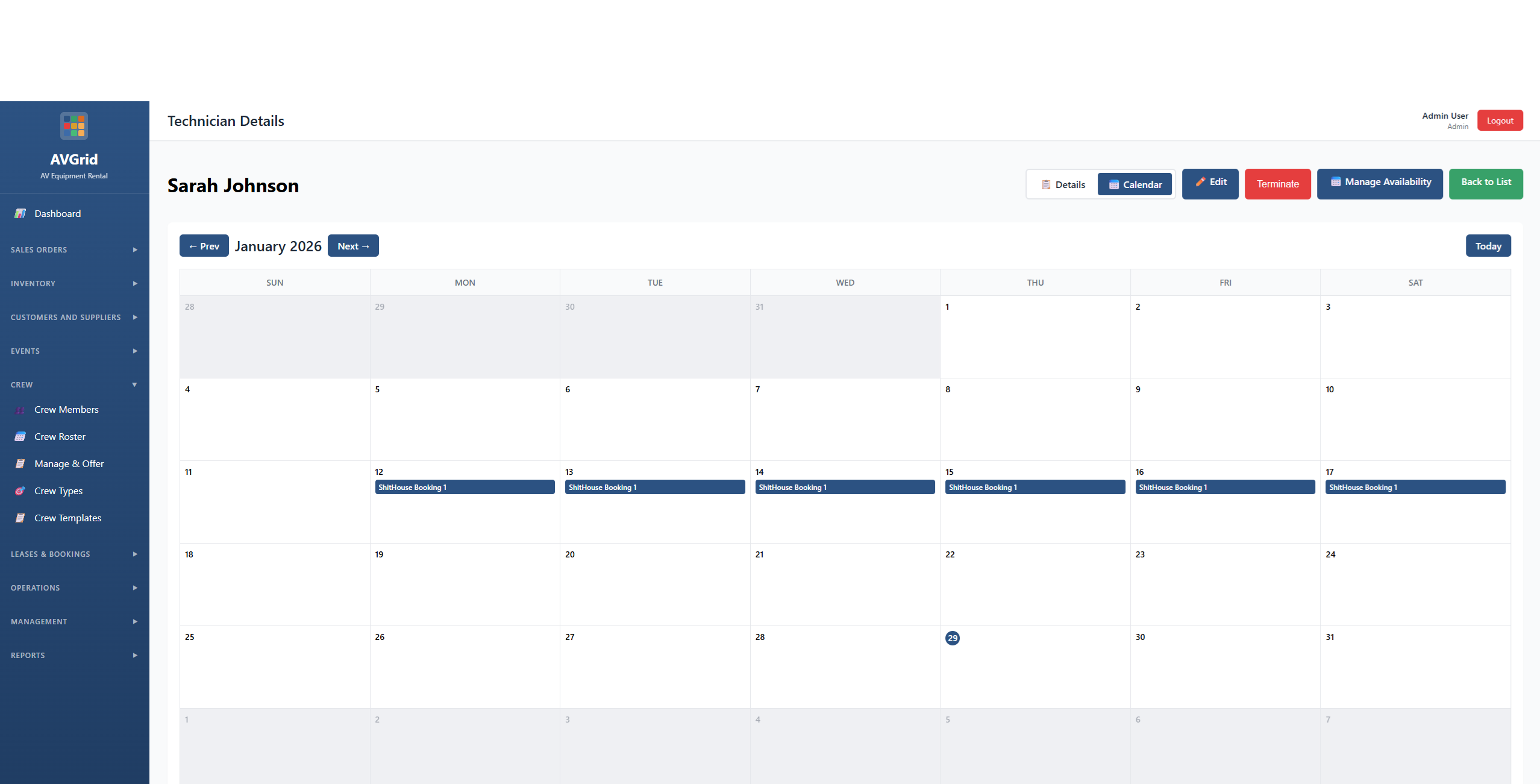 AVGrid calendar view – events and crew scheduling