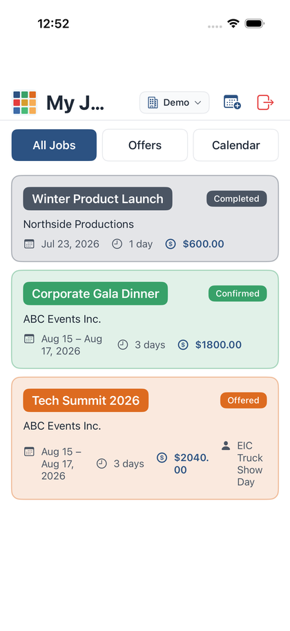 AVGrid Crew app on iOS – jobs list with confirmed, offered and completed jobs
