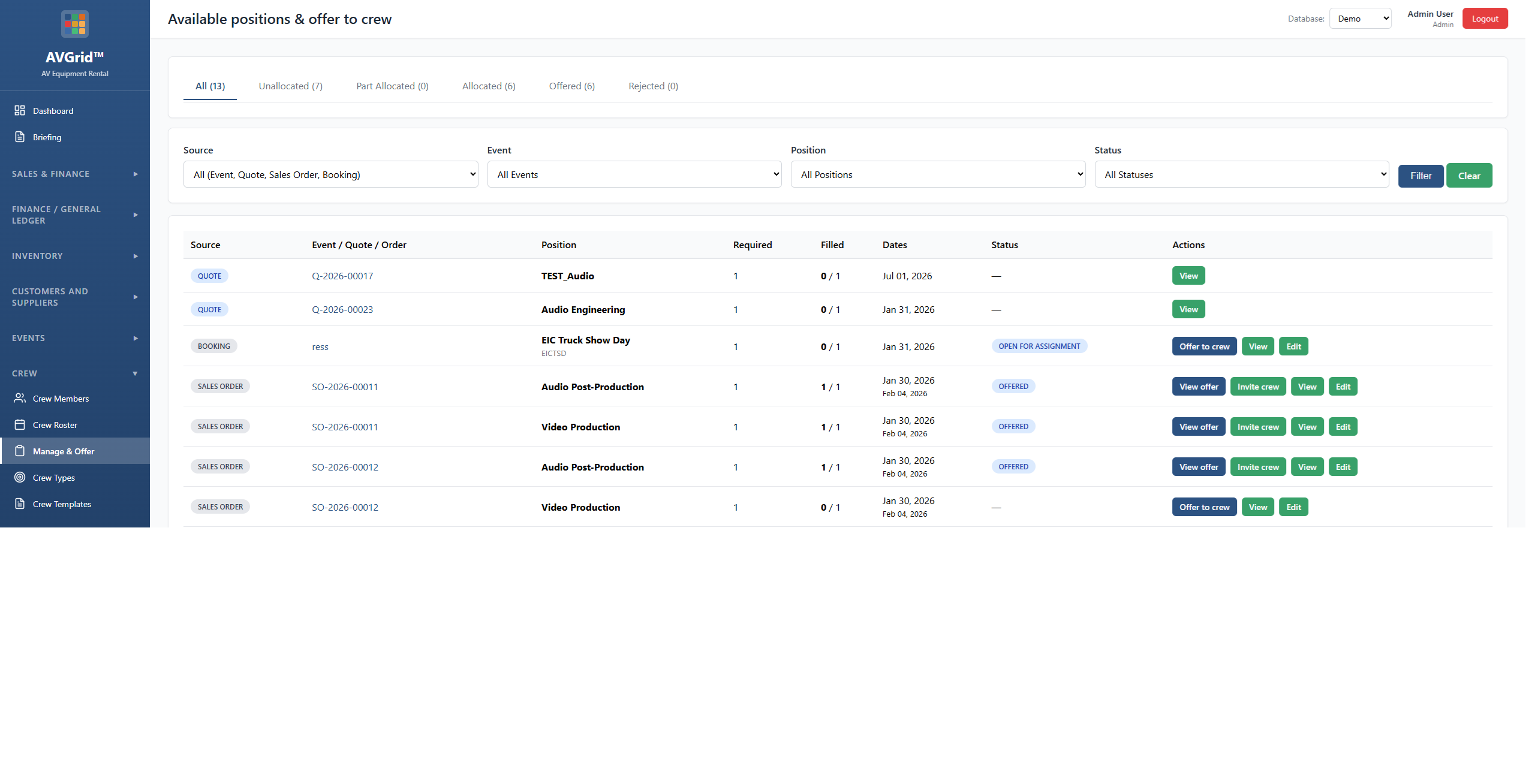 AVGrid crew offers – send and accept booking offers online