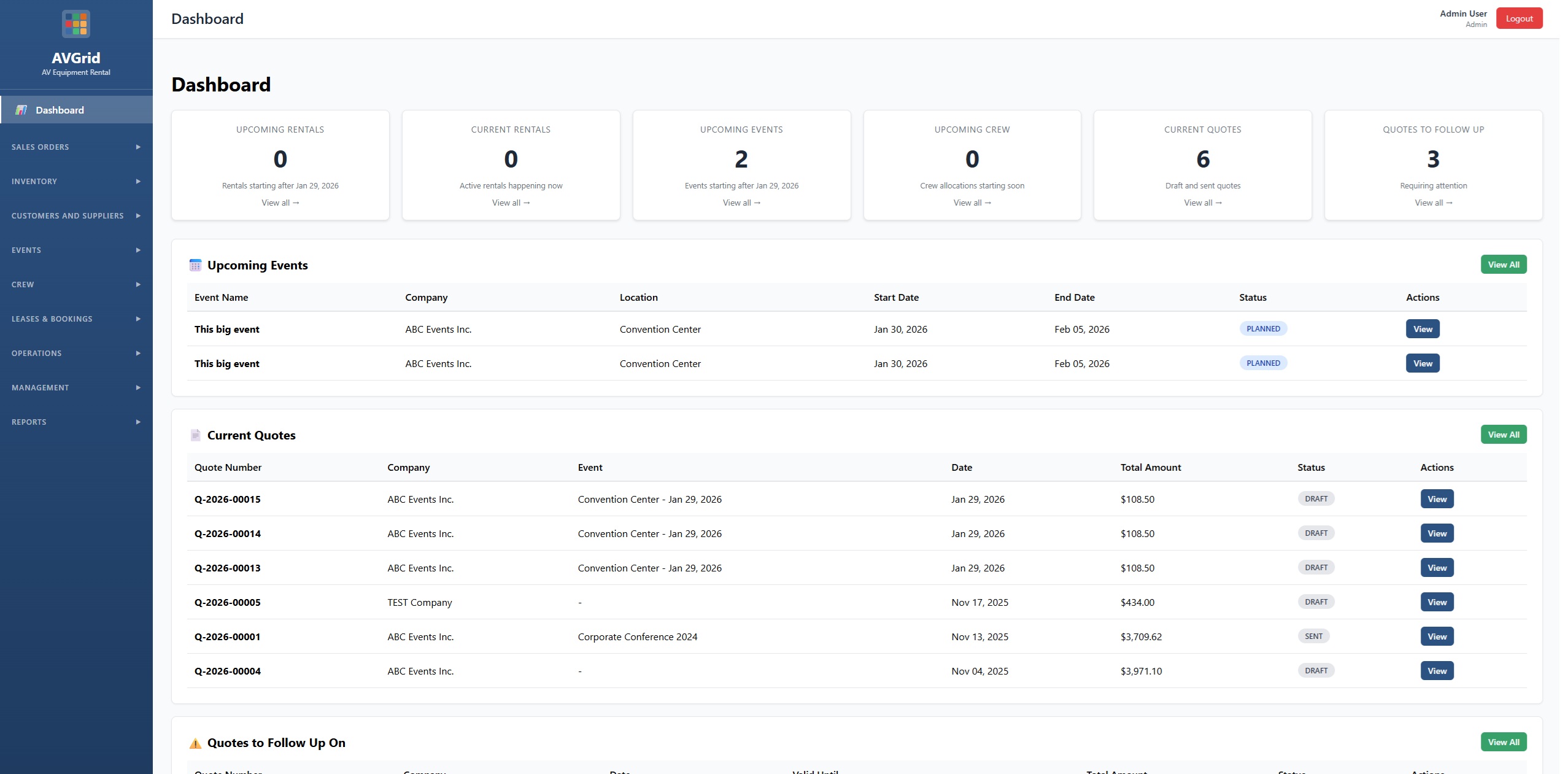 AVGrid event management dashboard – rentals, events, crew, quotes, cash flow