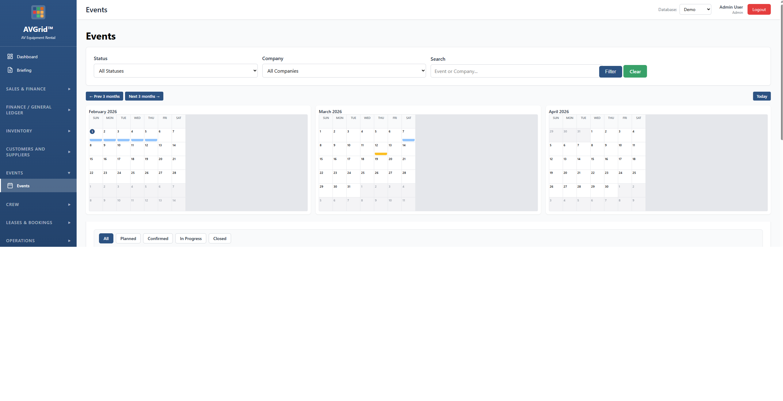 AVGrid events list – event management and bookings