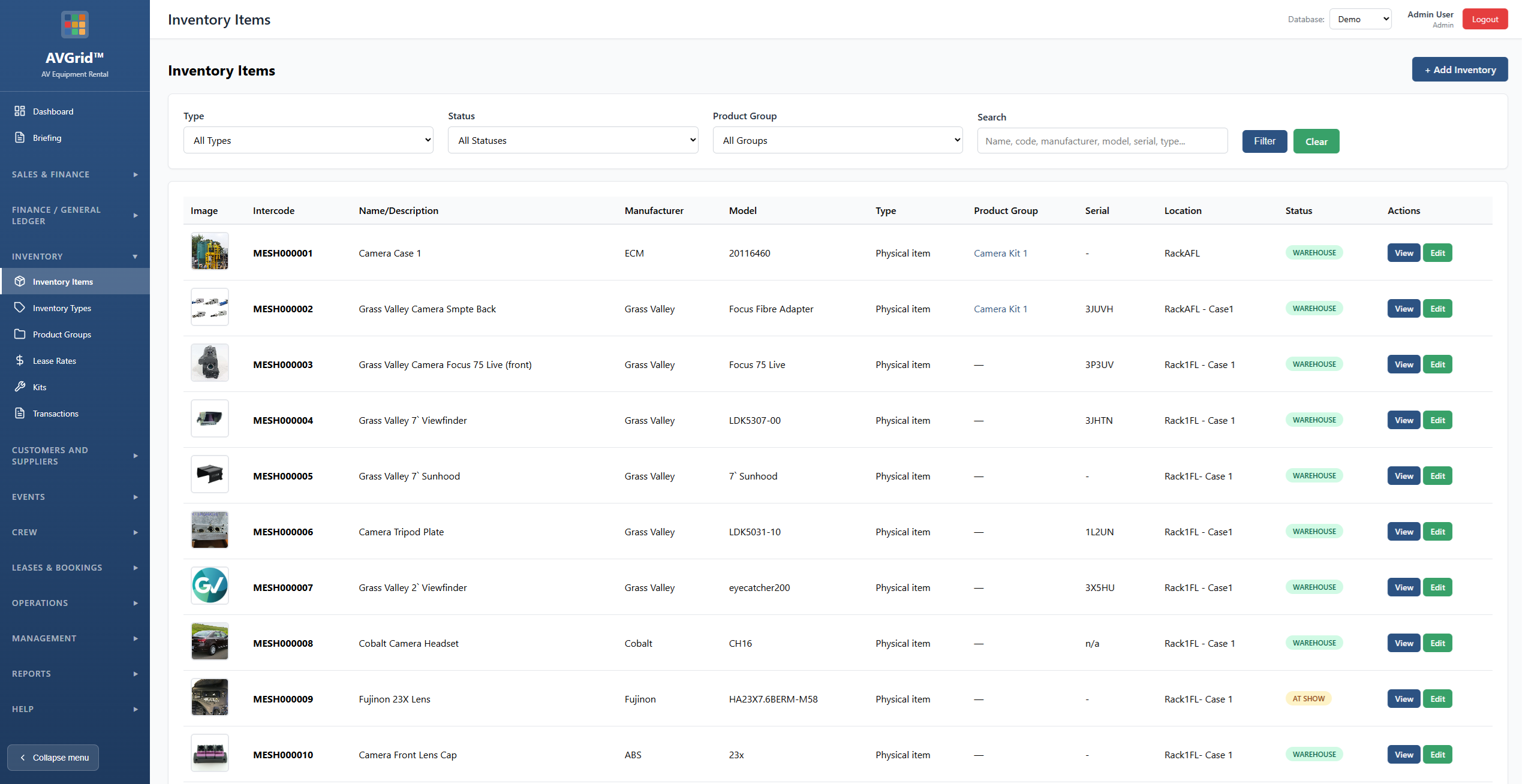 AVGrid inventory management – equipment rental tracking and types