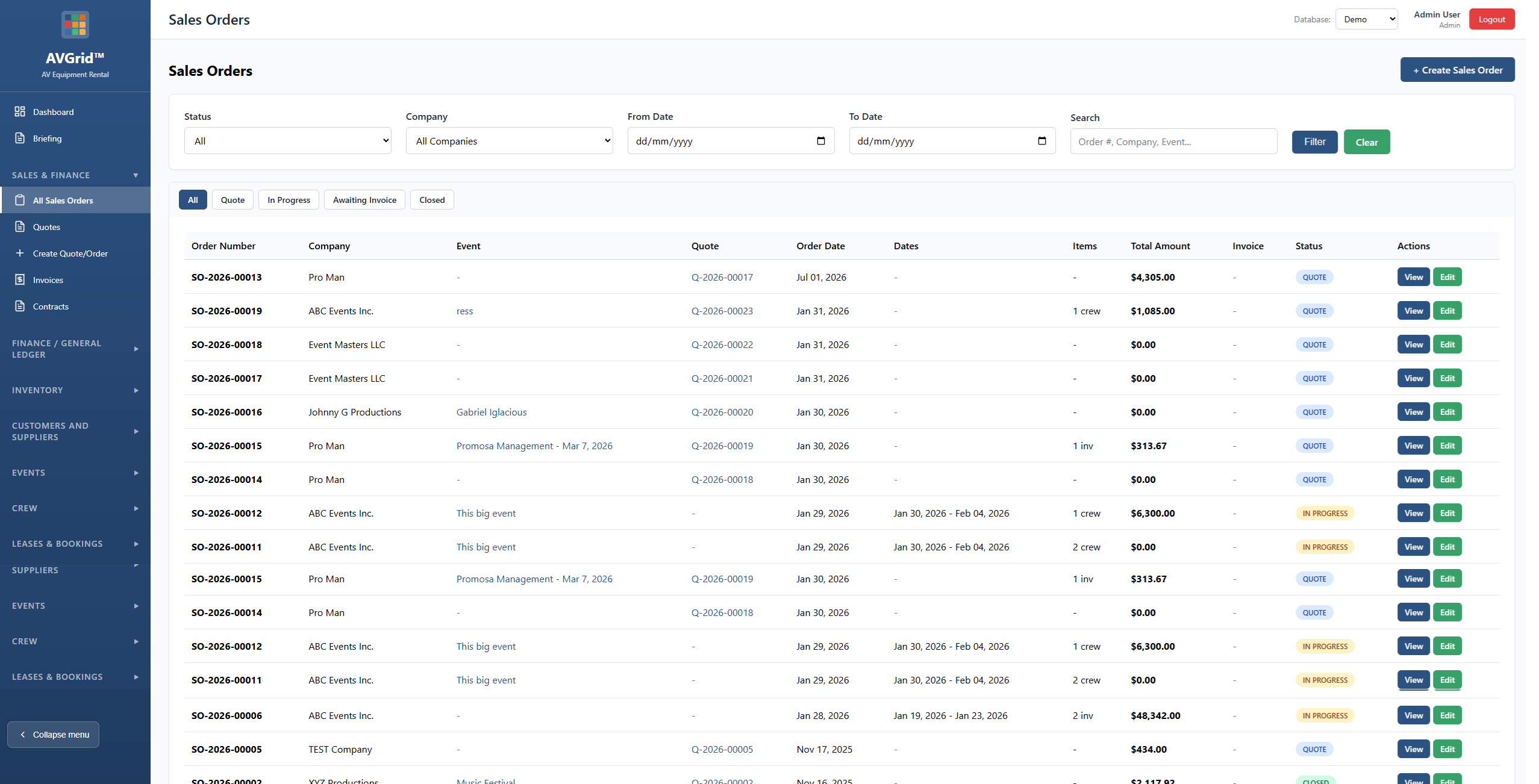 AVGrid sales order detail – event rental order management