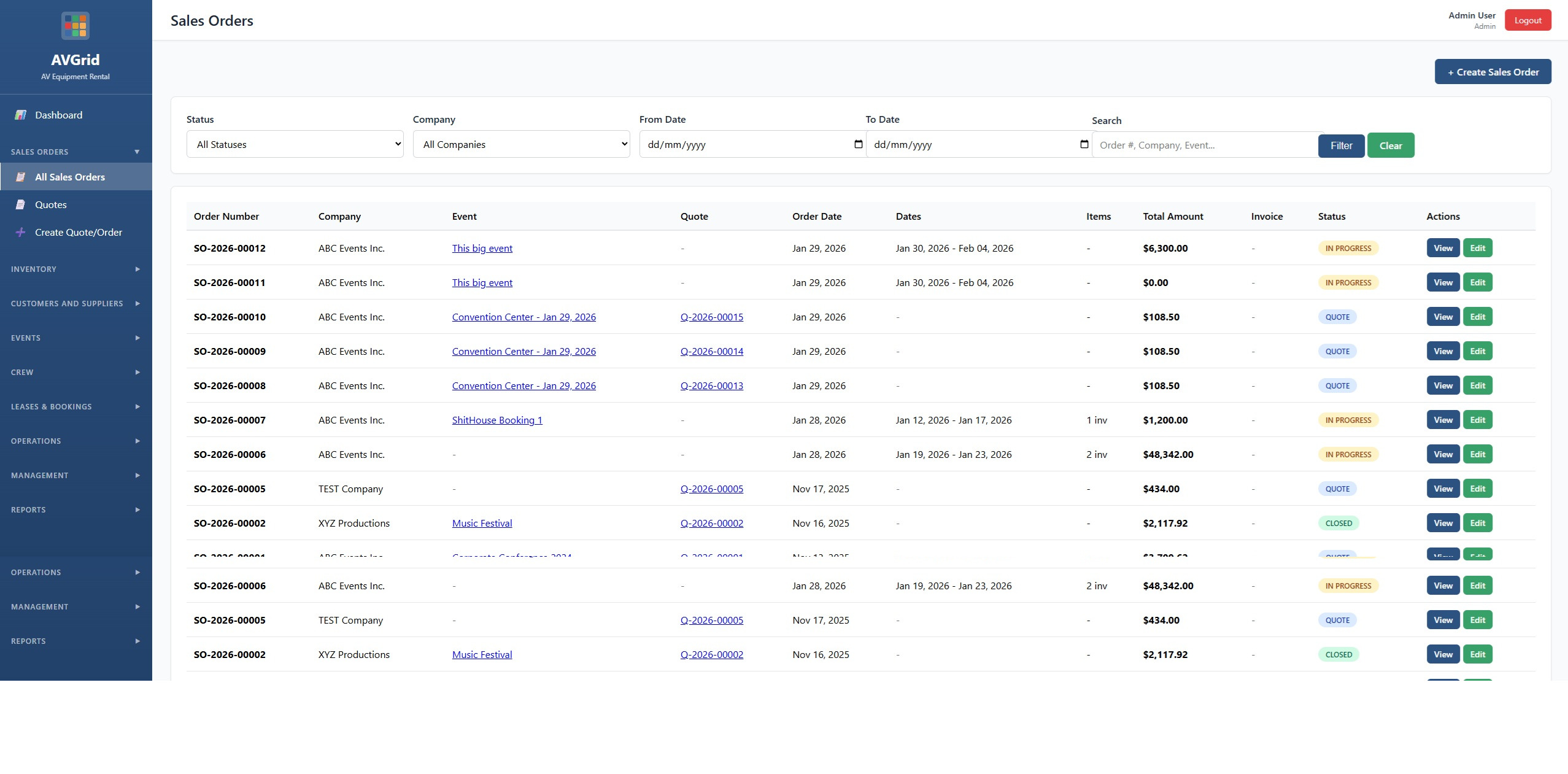 AVGrid sales orders – quote and invoice software for events
