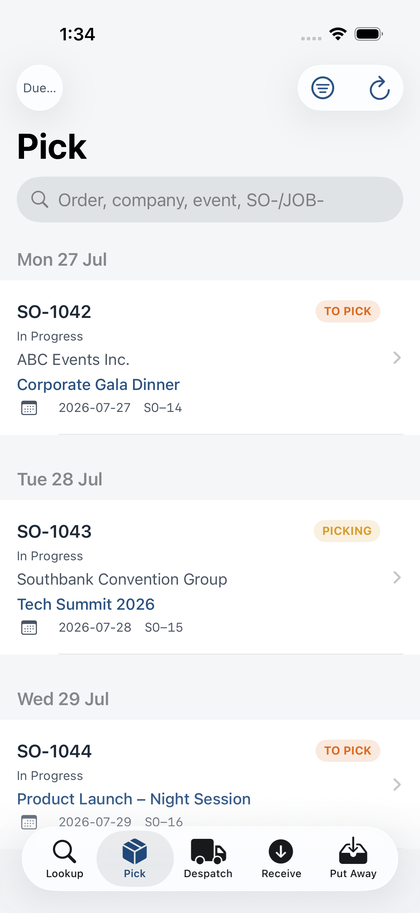 AVGrid Warehouse app on iOS – pick queue of sales orders grouped by due date